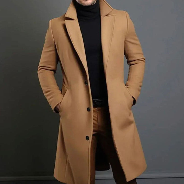Men's Wool Blend Long Overcoat Notch-Lapel Button-Front - Beige