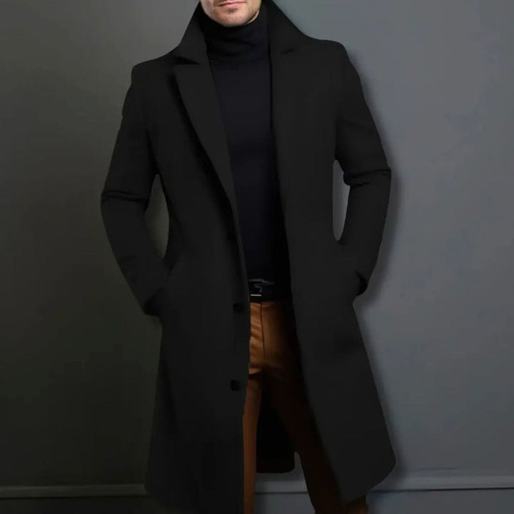 Men's Wool Blend Long Overcoat Notch-Lapel Button-Front - Black