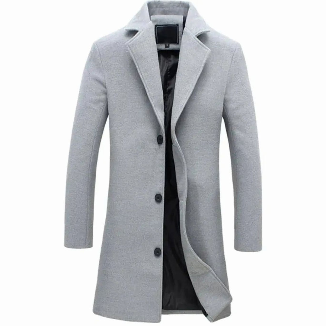 Men's Wool Blend Long Overcoat Notch-Lapel Button-Front - Light Grey