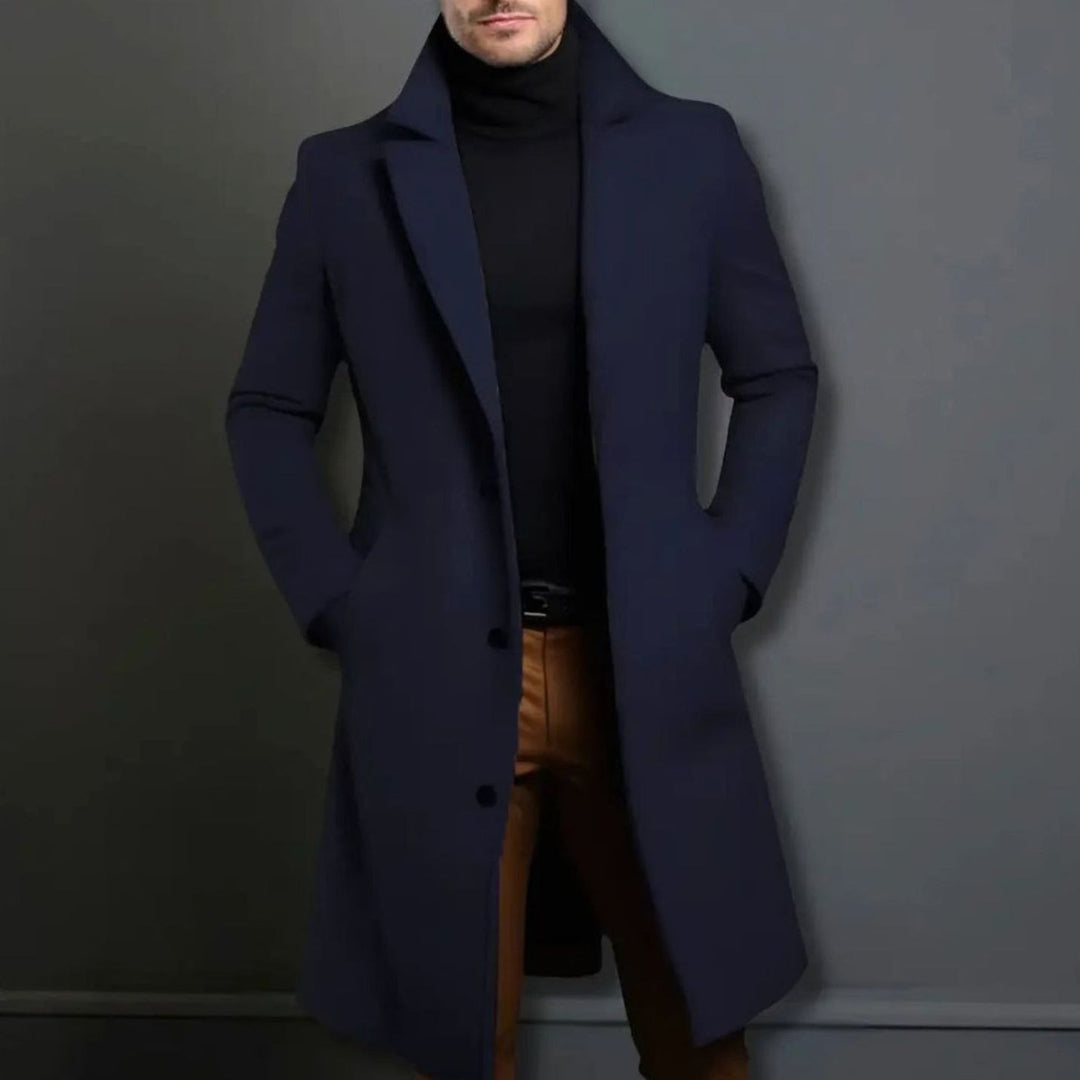 Men's Wool Blend Long Overcoat Notch-Lapel Button-Front - Navy Blue