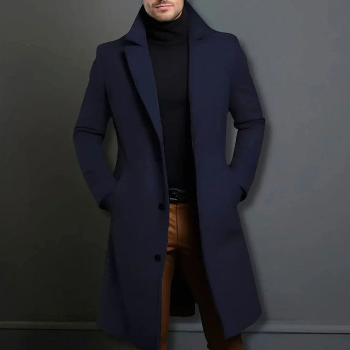 Men's Wool Blend Long Overcoat Notch-Lapel Button-Front - Navy Blue