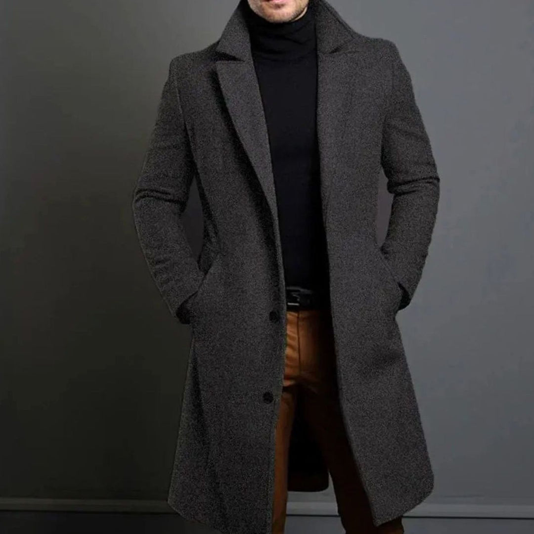 Men's Wool Blend Long Overcoat Notch-Lapel Button-Front - Dark Grey