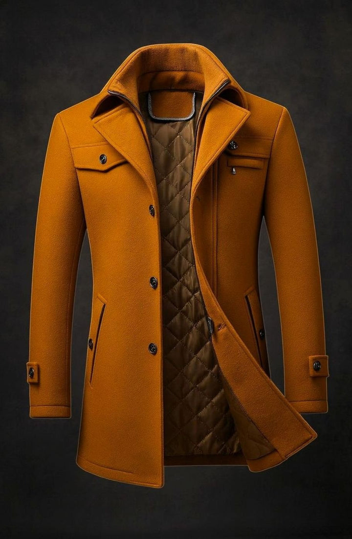 Men's Wool Double-Collar Quilted-Lined Winter Overcoat - Brown