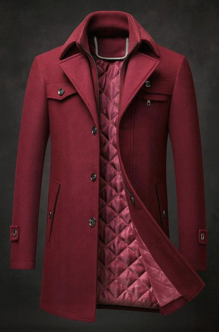 Men's Wool Double-Collar Quilted-Lined Winter Overcoat - Burgundy