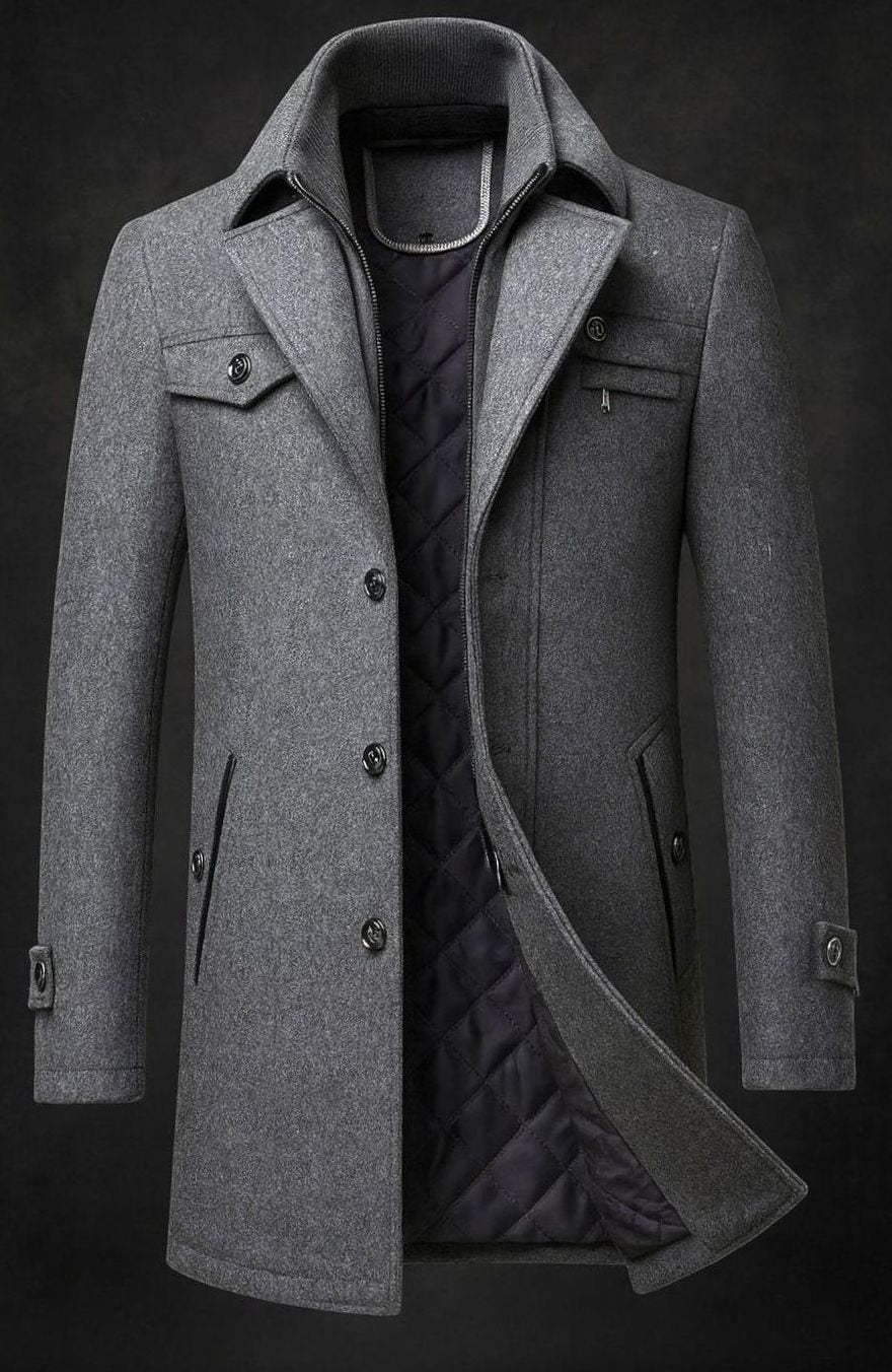 Men's Wool Double-Collar Quilted-Lined Winter Overcoat - Grey