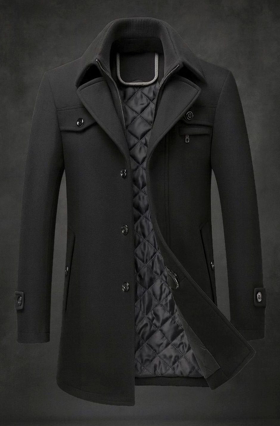 Men's Wool Double-Collar Quilted-Lined Winter Overcoat - Black
