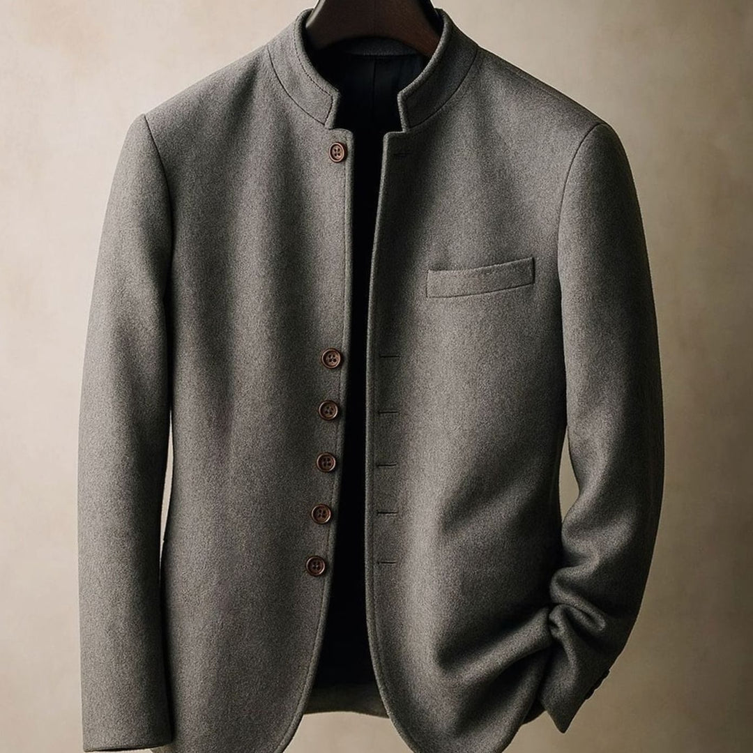 Men's Wool Stand-Collar Button-Front Blazer Jacket - Grey