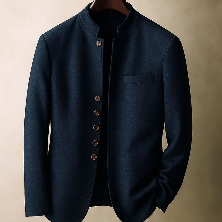 Men's Wool Stand-Collar Button-Front Blazer Jacket - Navy Blue