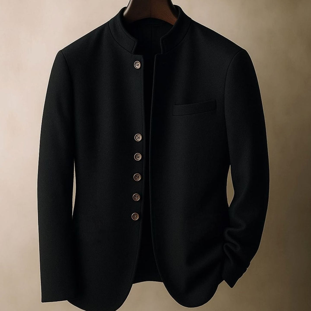 Men's Wool Stand-Collar Button-Front Blazer Jacket - Black