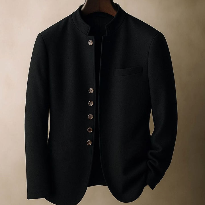 Men's Wool Stand-Collar Button-Front Blazer Jacket - Black