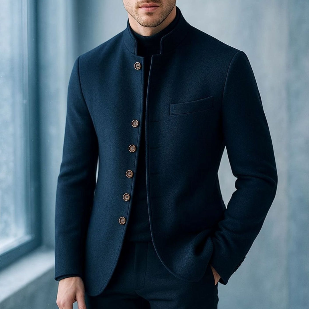Men's Wool Stand-Collar Button-Front Blazer Jacket