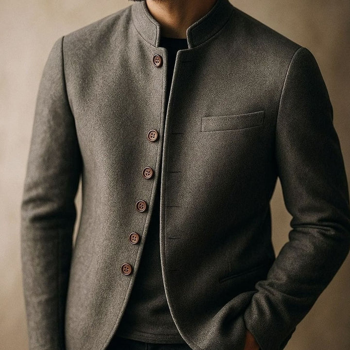 Men's Wool Stand-Collar Button-Front Blazer Jacket
