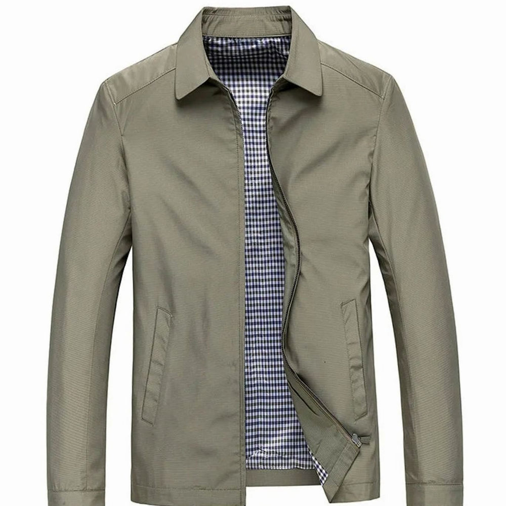 Men's Zip-Up Collared Jacket with Checked Lining Side Pockets - Beige