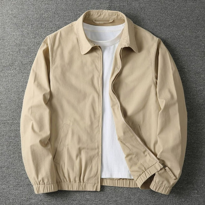 Men's Zip-Up Cotton-Blend Harrington Jacket Elasticated Hem - Beige