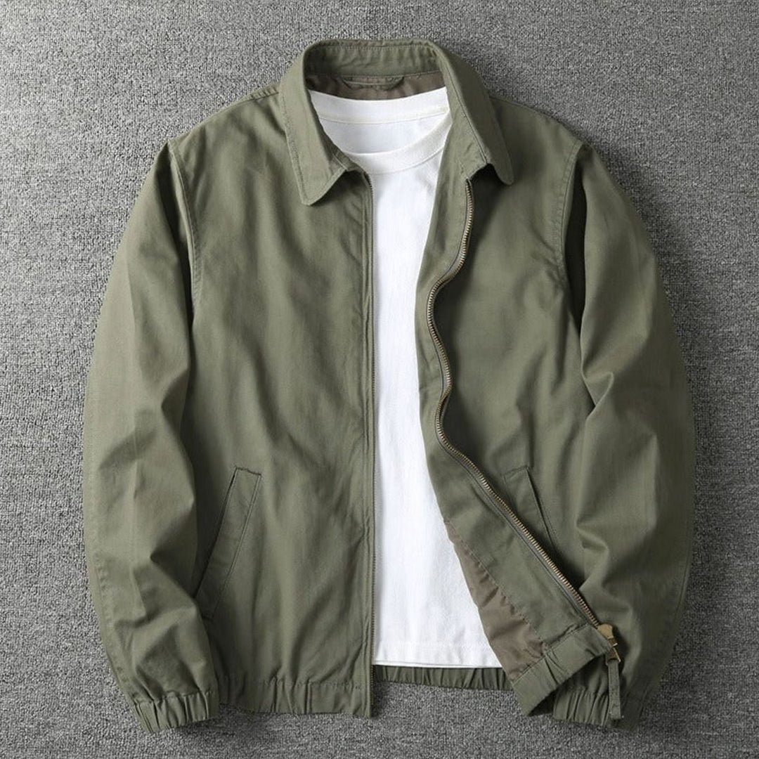 Men's Zip-Up Cotton-Blend Harrington Jacket Elasticated Hem - Khaki