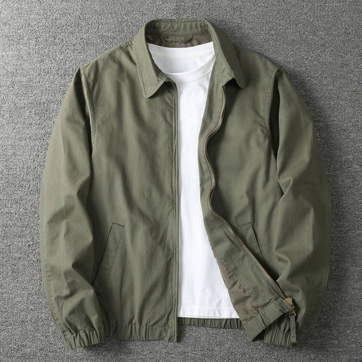 Men's Zip-Up Cotton-Blend Harrington Jacket Elasticated Hem - Khaki