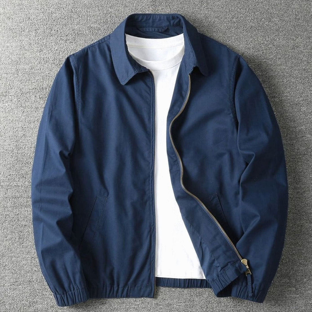 Men's Zip-Up Cotton-Blend Harrington Jacket Elasticated Hem - Navy