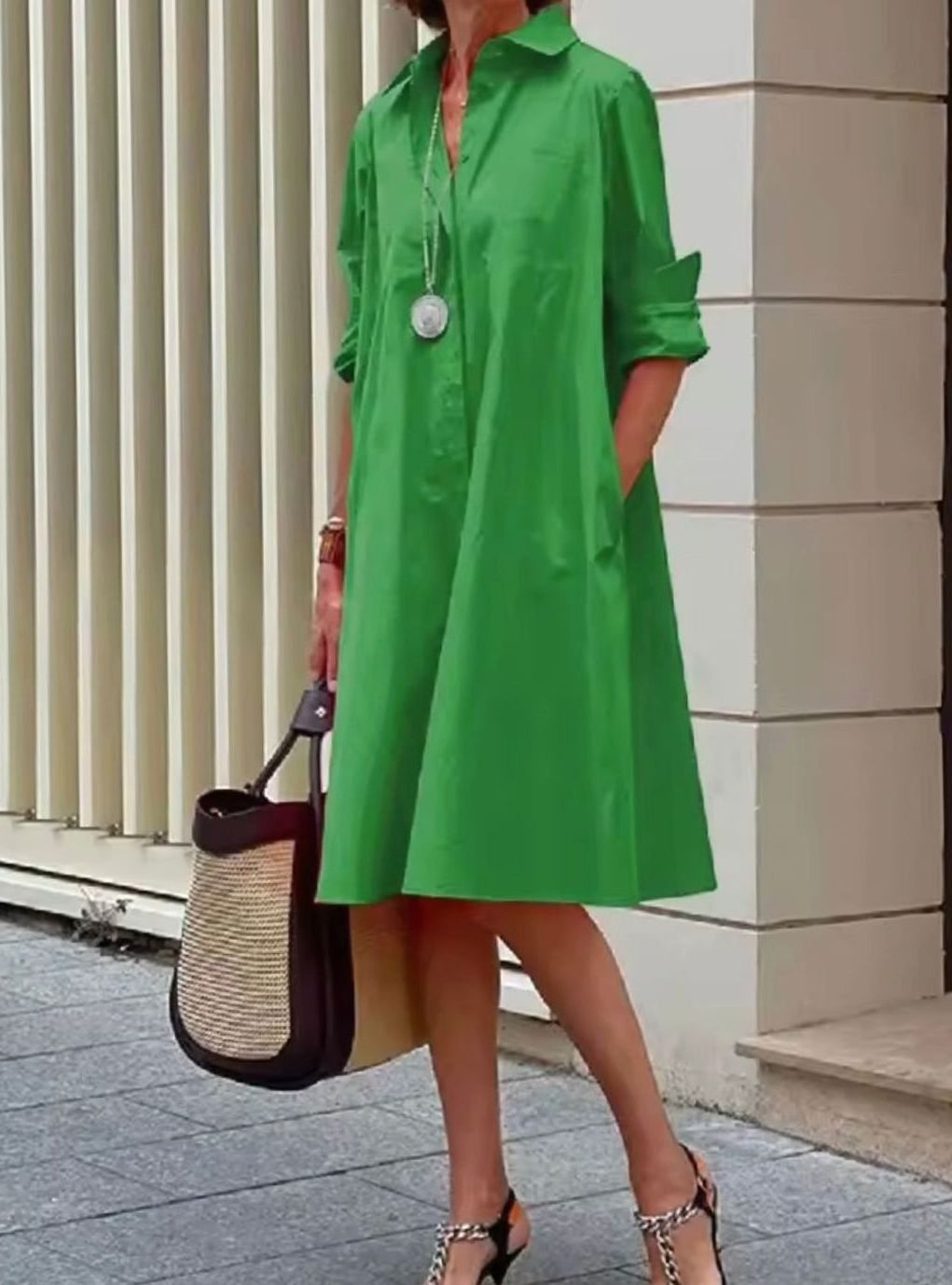 Women's A-Line Collared Long-Sleeve Shirt Dress - Green