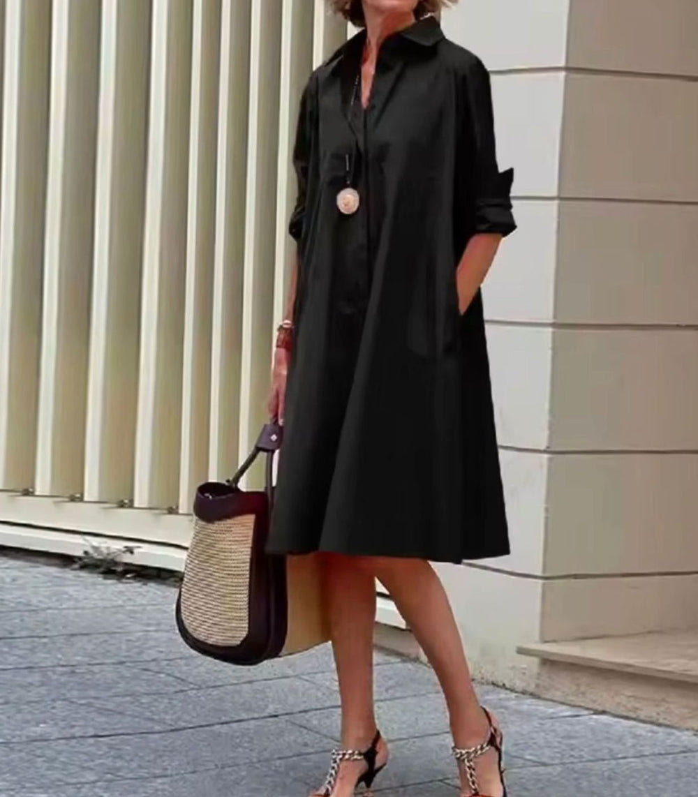 Women's A-Line Collared Long-Sleeve Shirt Dress - Black
