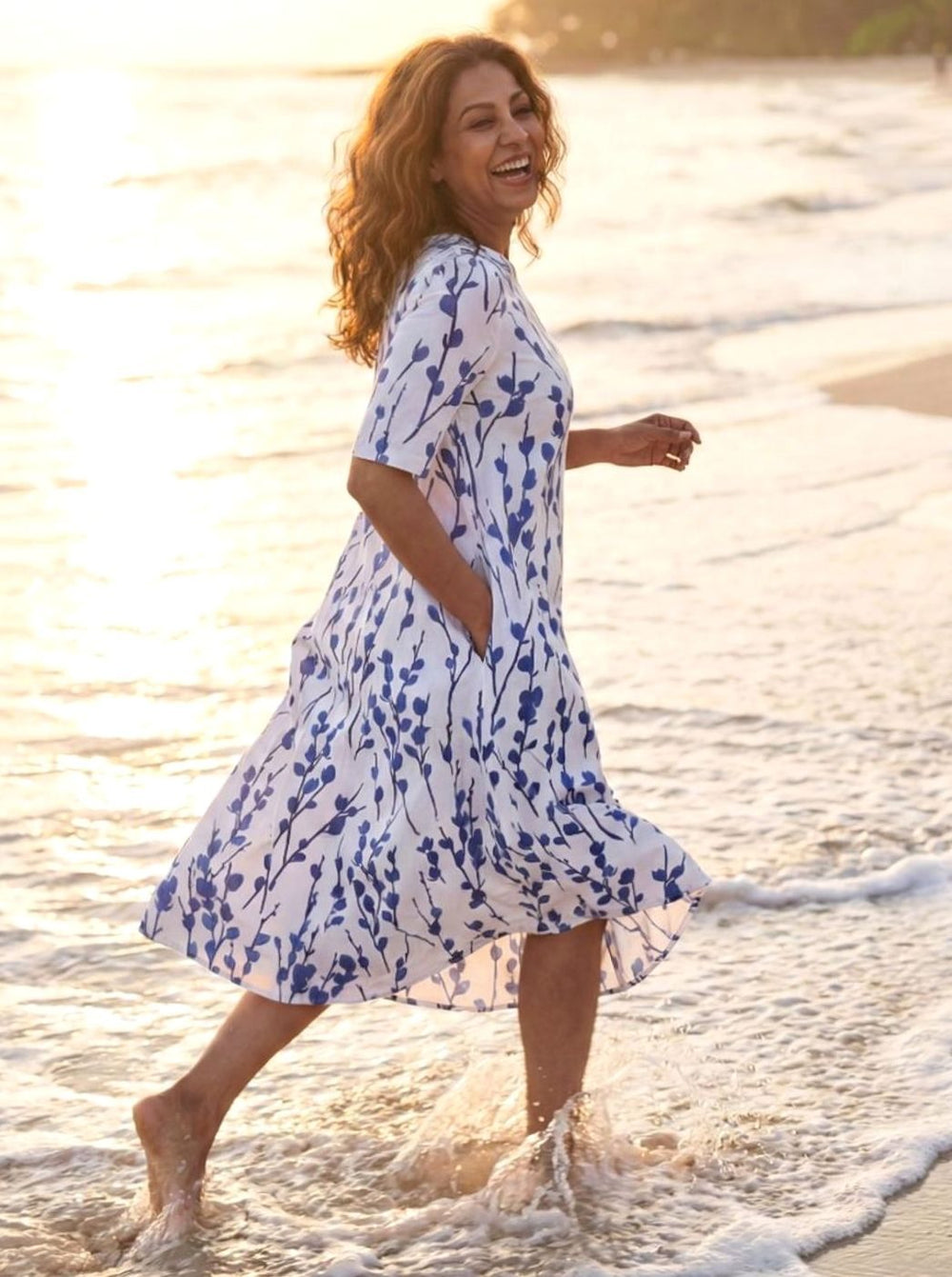Women's A-Line Floral Short-Sleeve Botanical Print Midi Dress