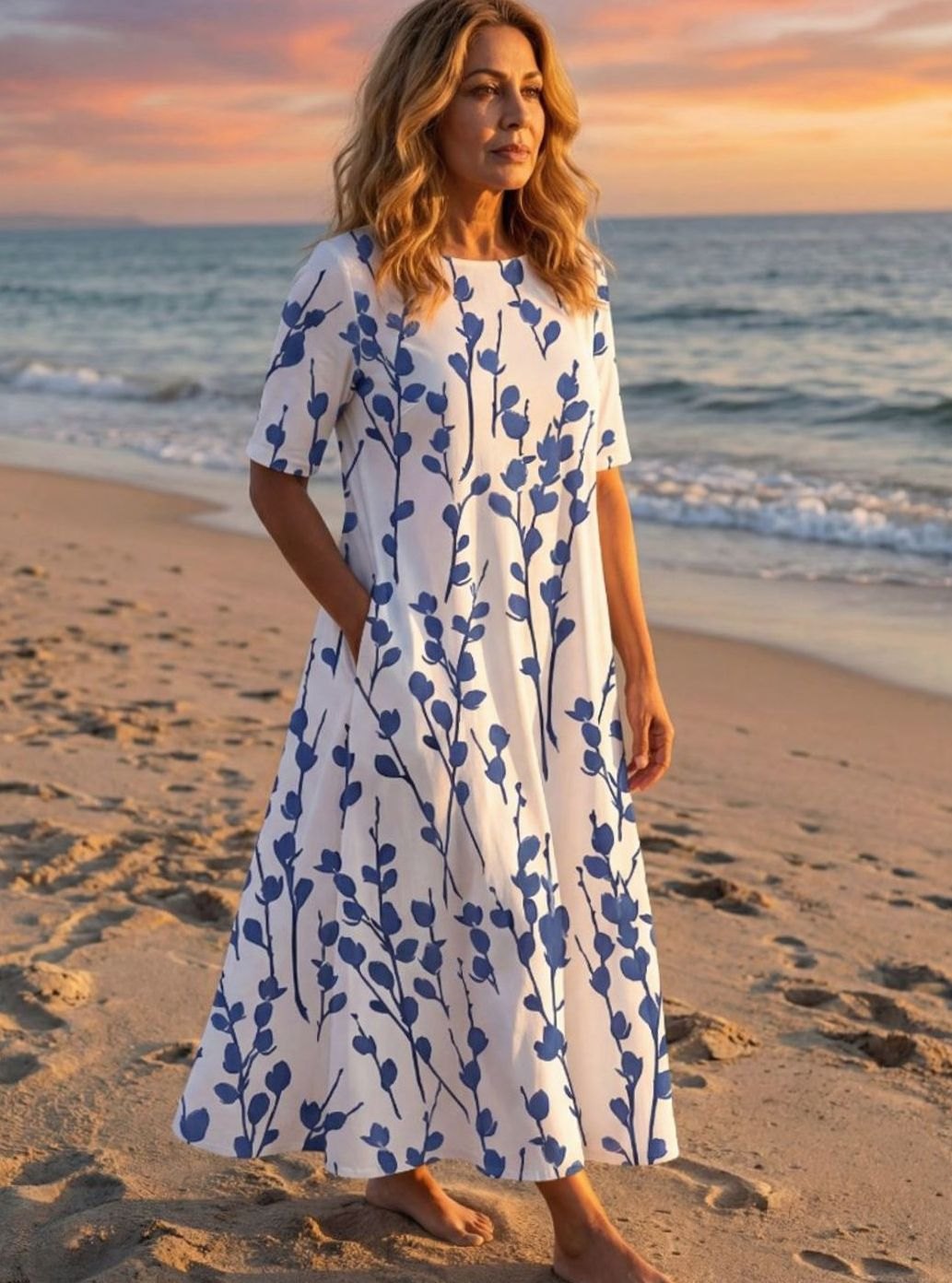 Women's A-Line Floral Short-Sleeve Midi Dress Pockets