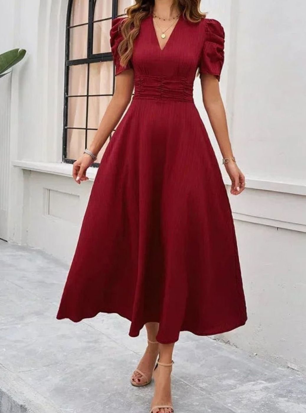 Women's A-Line V-Neck Puff Sleeve Ruched Waist Midi Dress