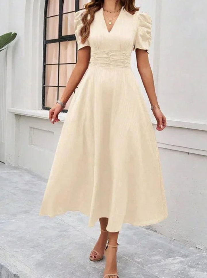 Women's A-Line V-Neck Puff Sleeve Ruched Waist Midi Dress
