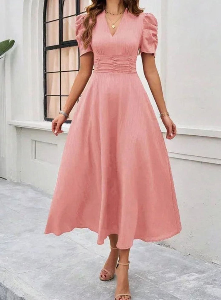 Women's A-Line V-Neck Puff Sleeve Ruched Waist Midi Dress