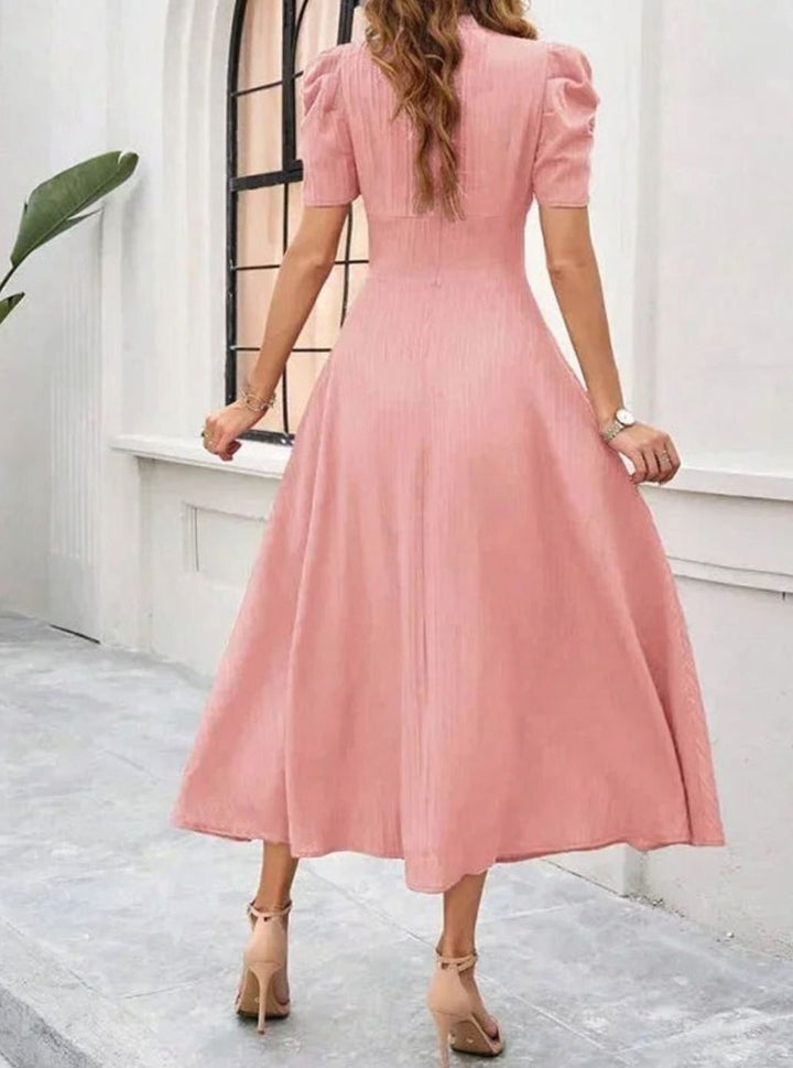 Women's A-Line V-Neck Puff Sleeve Ruched Waist Midi Dress