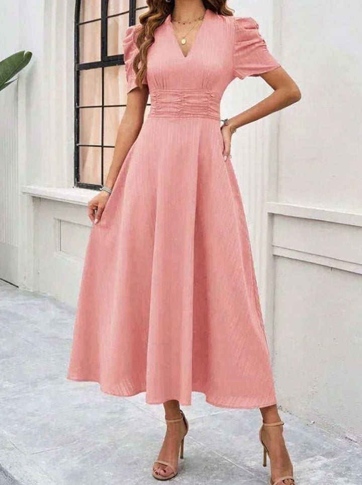 Women's A-Line V-Neck Puff Sleeve Ruched Waist Midi Dress