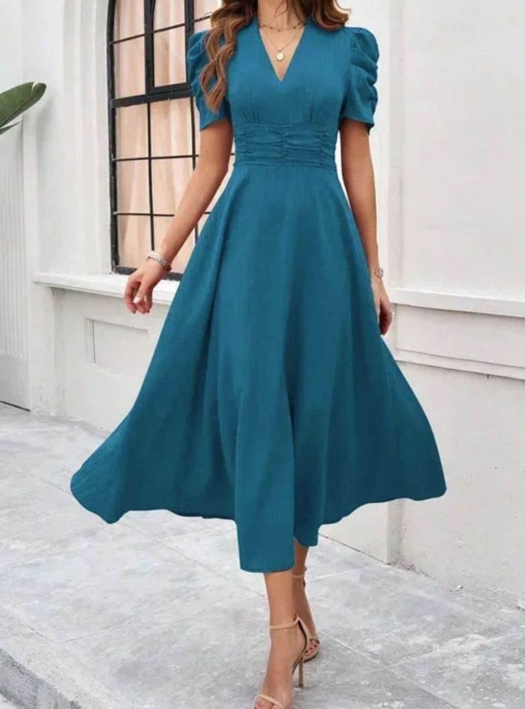 Women's A-Line V-Neck Puff Sleeve Ruched Waist Midi Dress