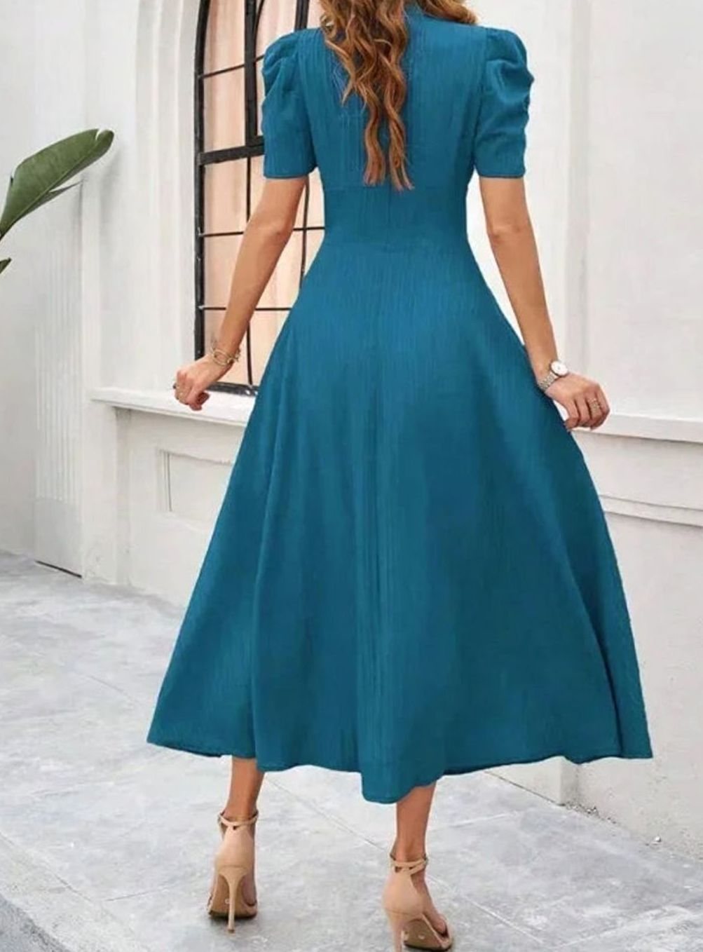 Women's A-Line V-Neck Puff Sleeve Ruched Waist Midi Dress