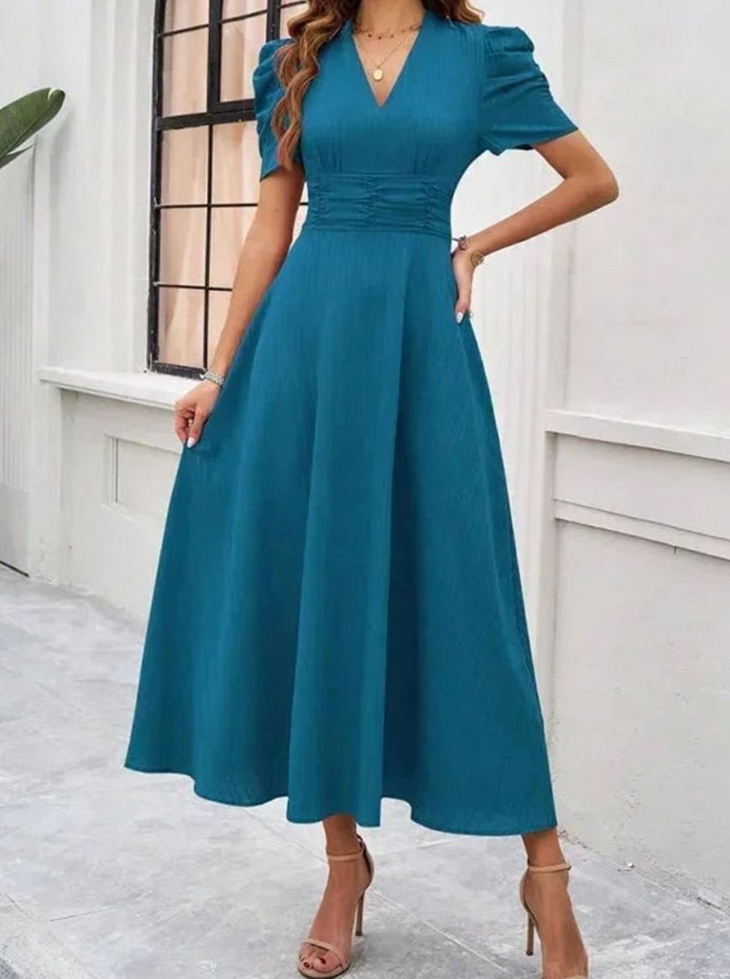 Women's A-Line V-Neck Puff Sleeve Ruched Waist Midi Dress