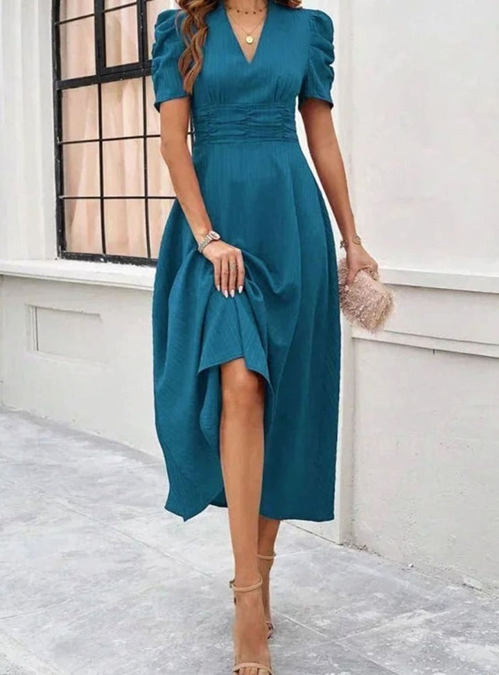 Women's A-Line V-Neck Puff Sleeve Ruched Waist Midi Dress