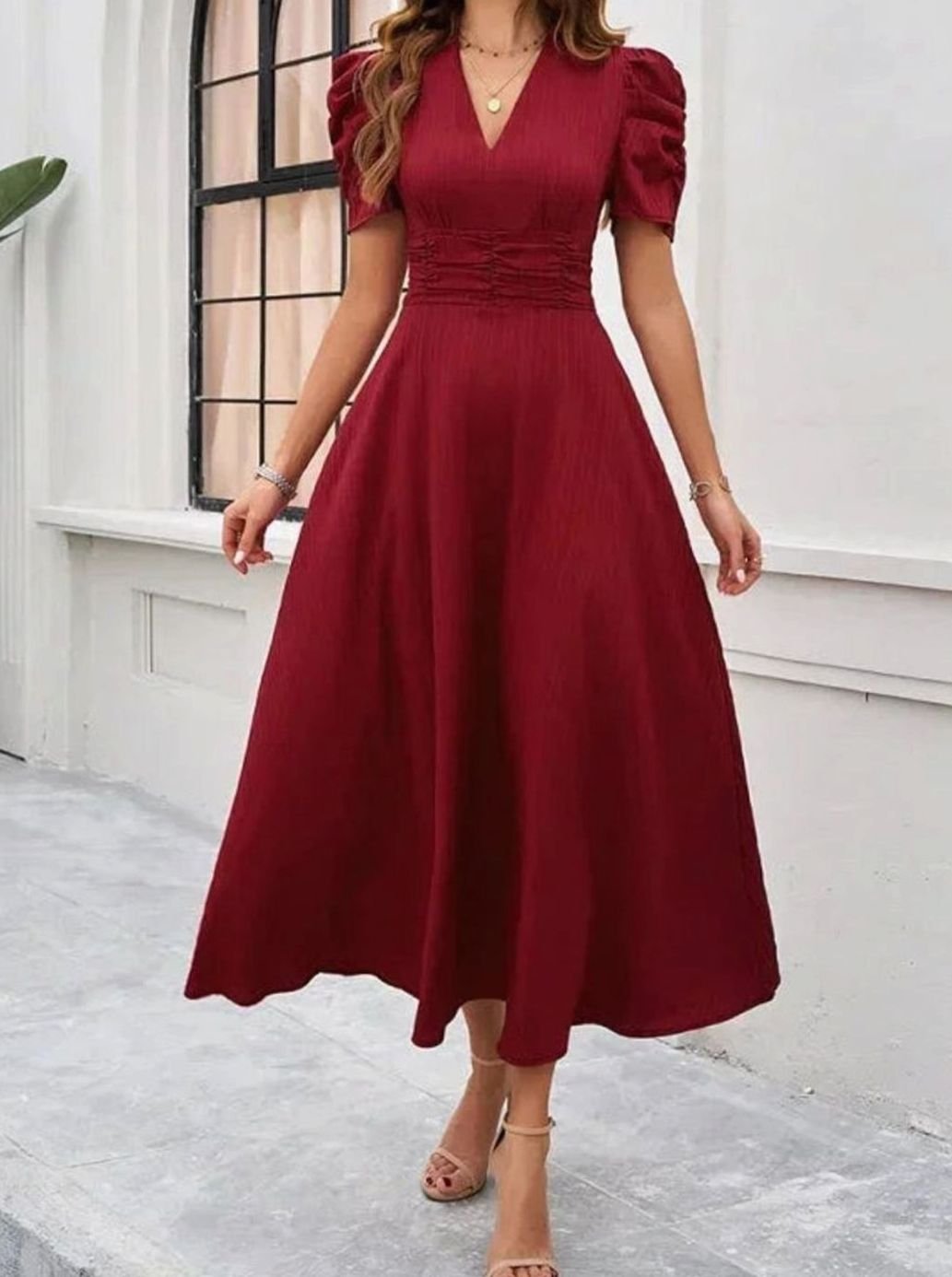 Women's A-Line V-Neck Puff Sleeve Ruched Waist Midi Dress