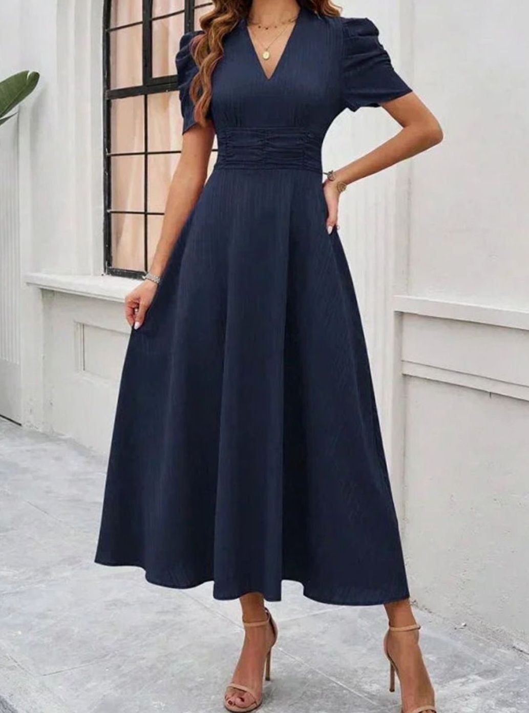 Women's A-Line V-Neck Puff Sleeve Ruched Waist Midi Dress