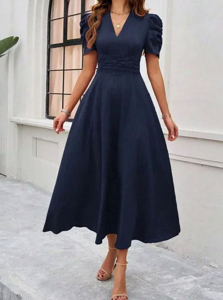 Women's A-Line V-Neck Puff Sleeve Ruched Waist Midi Dress
