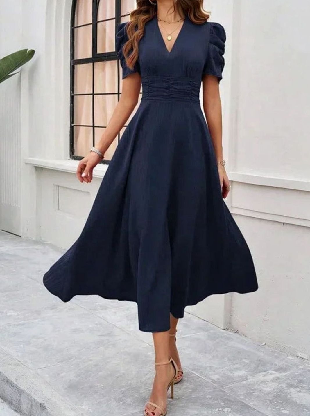 Women's A-Line V-Neck Puff Sleeve Ruched Waist Midi Dress