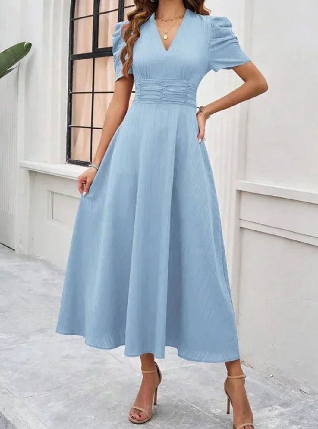 Women's A-Line V-Neck Puff Sleeve Ruched Waist Midi Dress