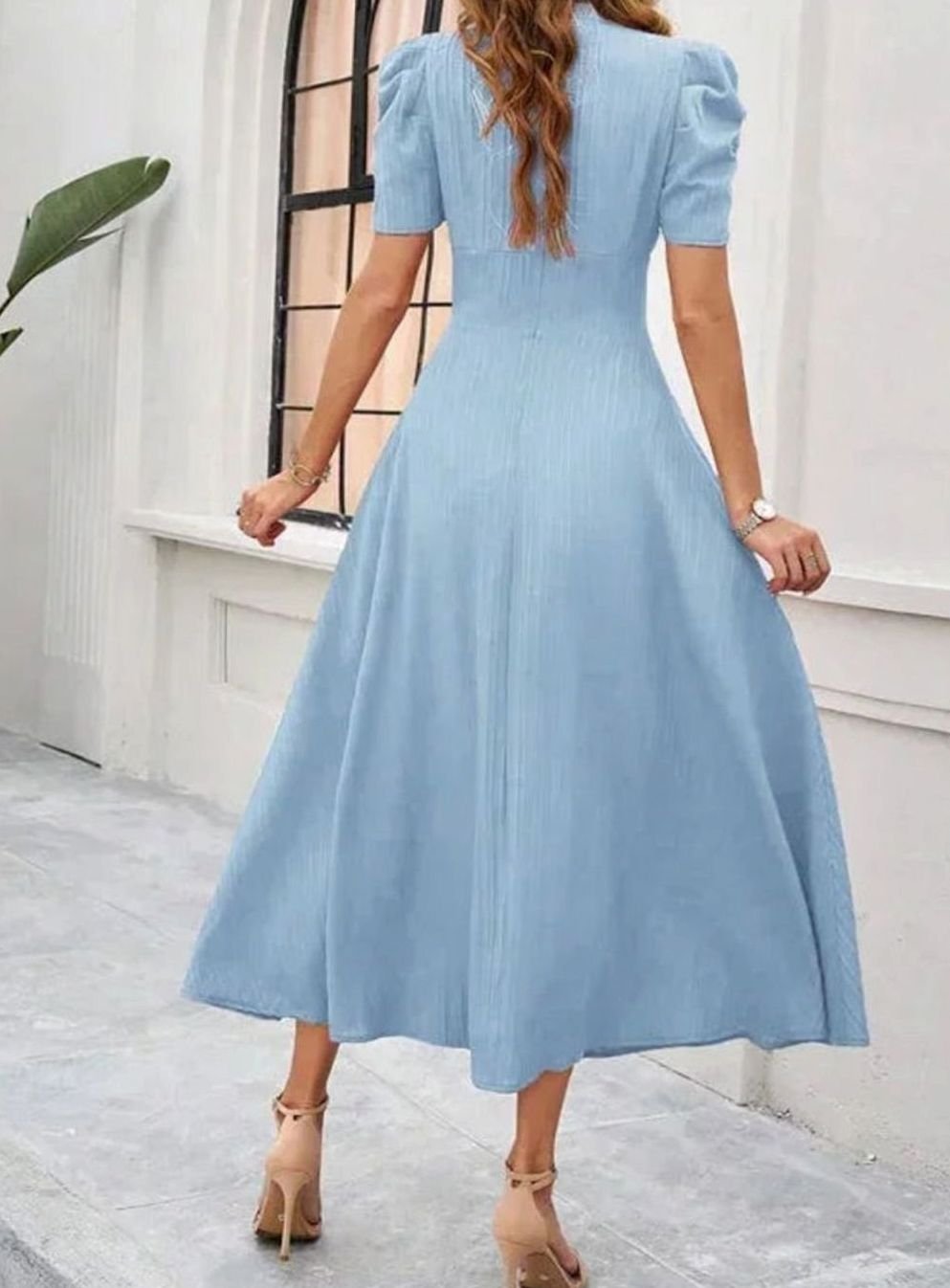 Women's A-Line V-Neck Puff Sleeve Ruched Waist Midi Dress