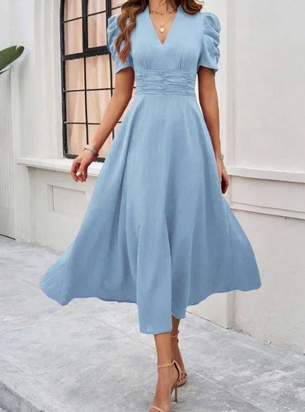 Women's A-Line V-Neck Puff Sleeve Ruched Waist Midi Dress