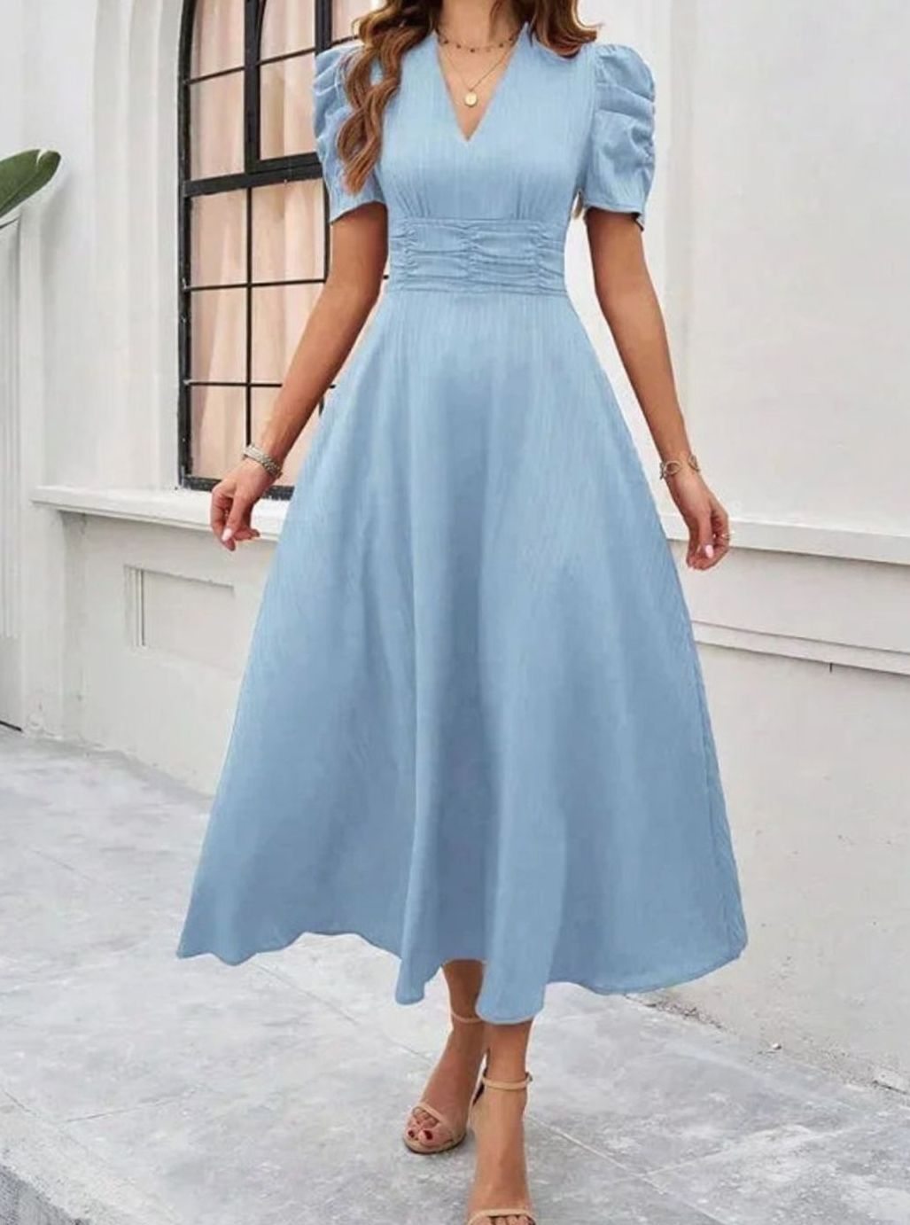 Women's A-Line V-Neck Puff Sleeve Ruched Waist Midi Dress