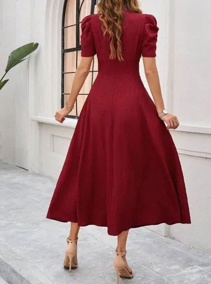 Women's A-Line V-Neck Puff Sleeve Ruched Waist Midi Dress