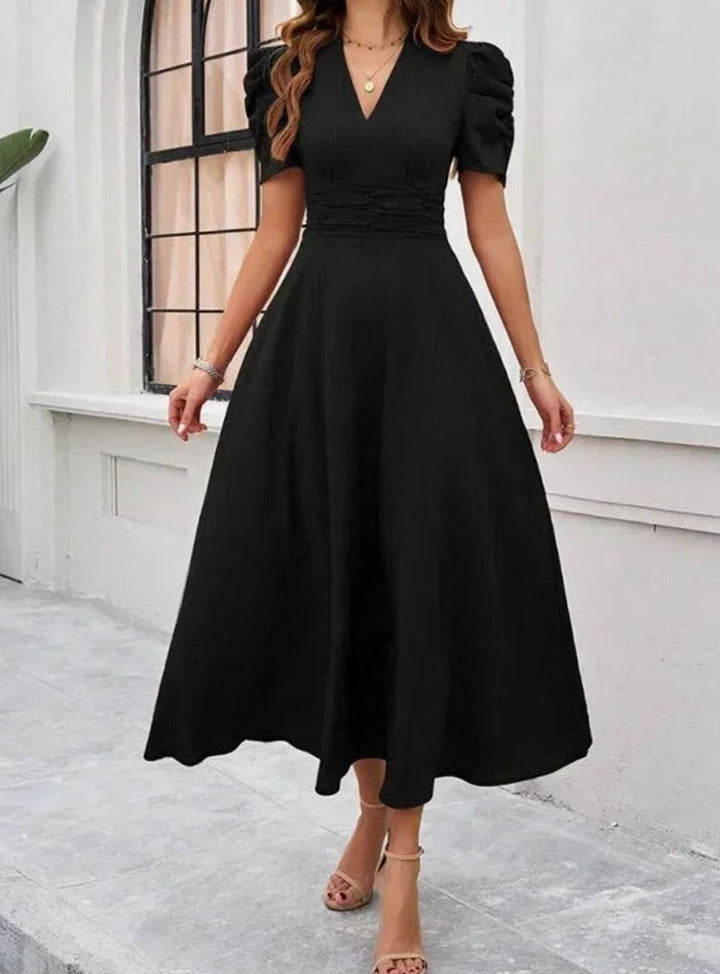 Women's A-Line V-Neck Puff Sleeve Ruched Waist Midi Dress