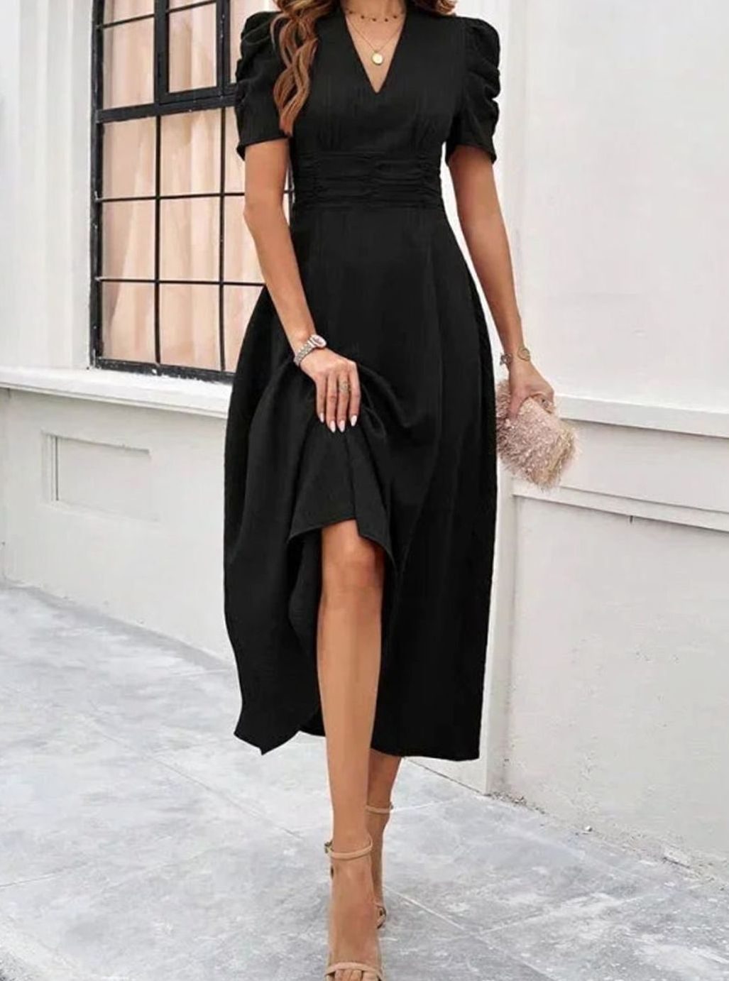 Women's A-Line V-Neck Puff Sleeve Ruched Waist Midi Dress
