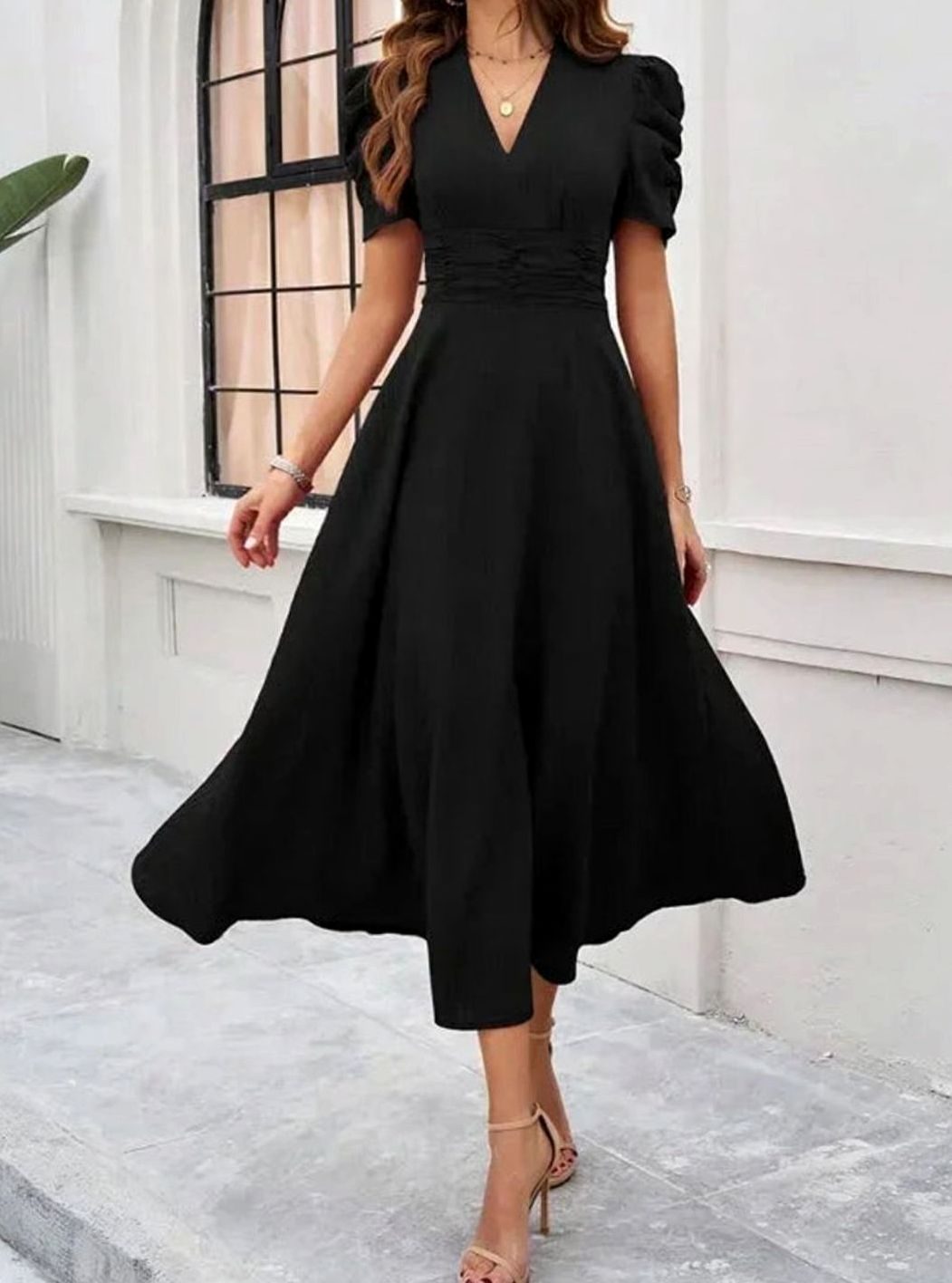 Women's A-Line V-Neck Puff Sleeve Ruched Waist Midi Dress