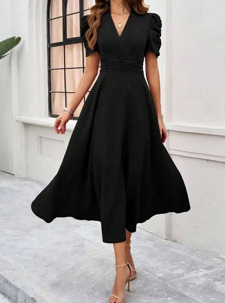Women's A-Line V-Neck Puff Sleeve Ruched Waist Midi Dress