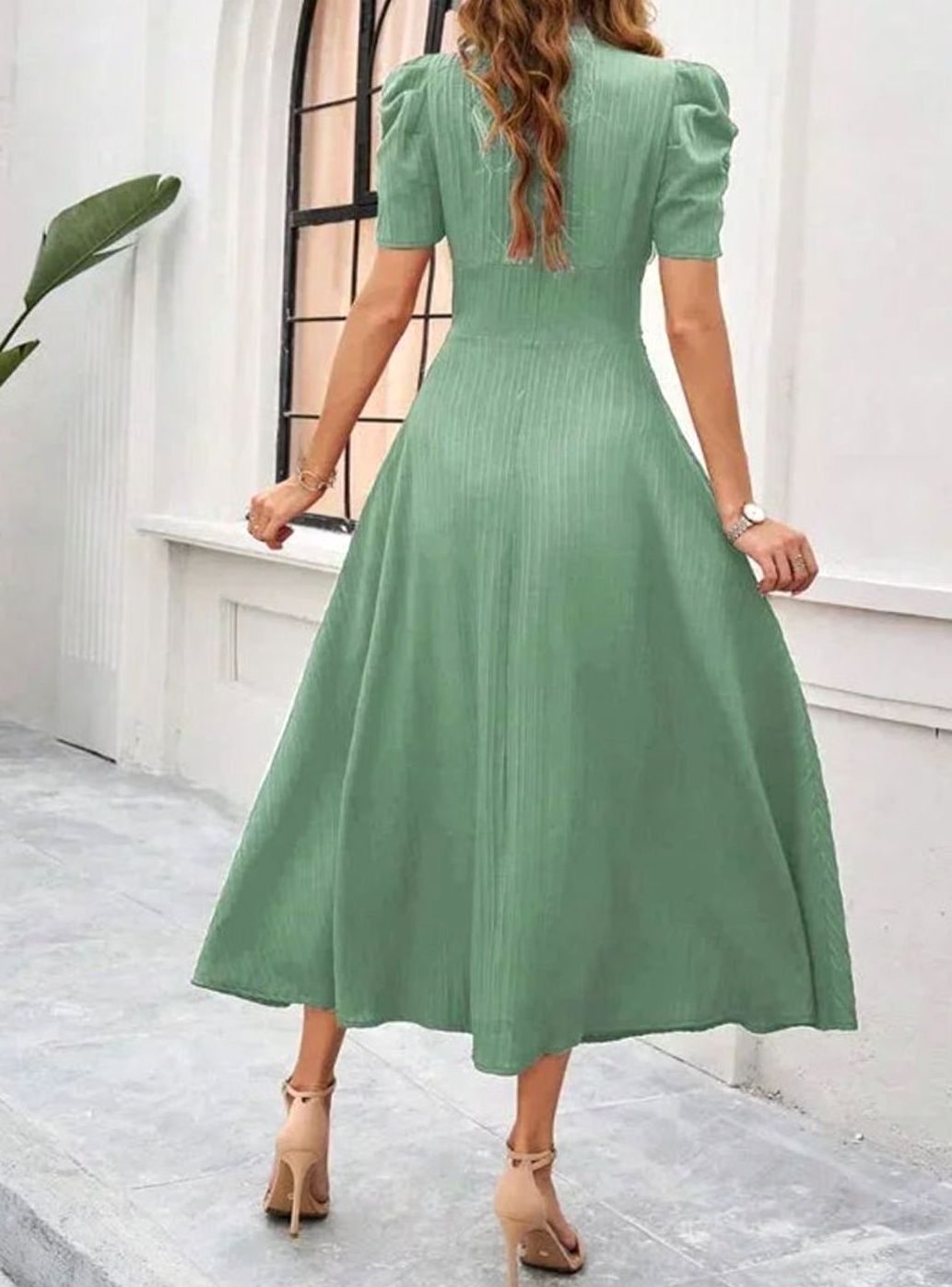 Women's A-Line V-Neck Puff Sleeve Ruched Waist Midi Dress