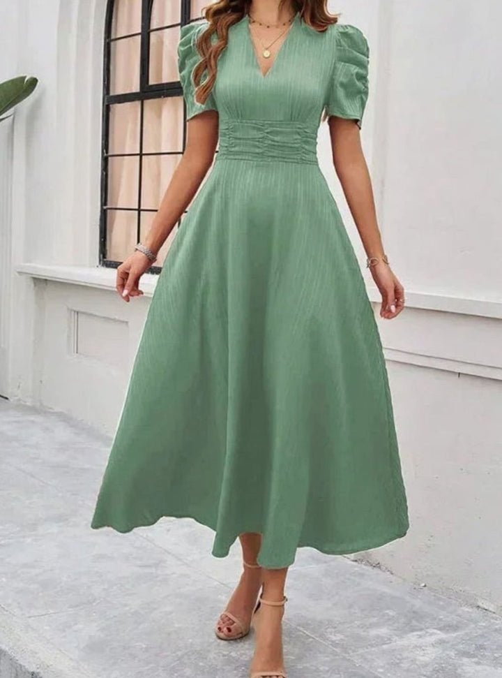 Women's A-Line V-Neck Puff Sleeve Ruched Waist Midi Dress