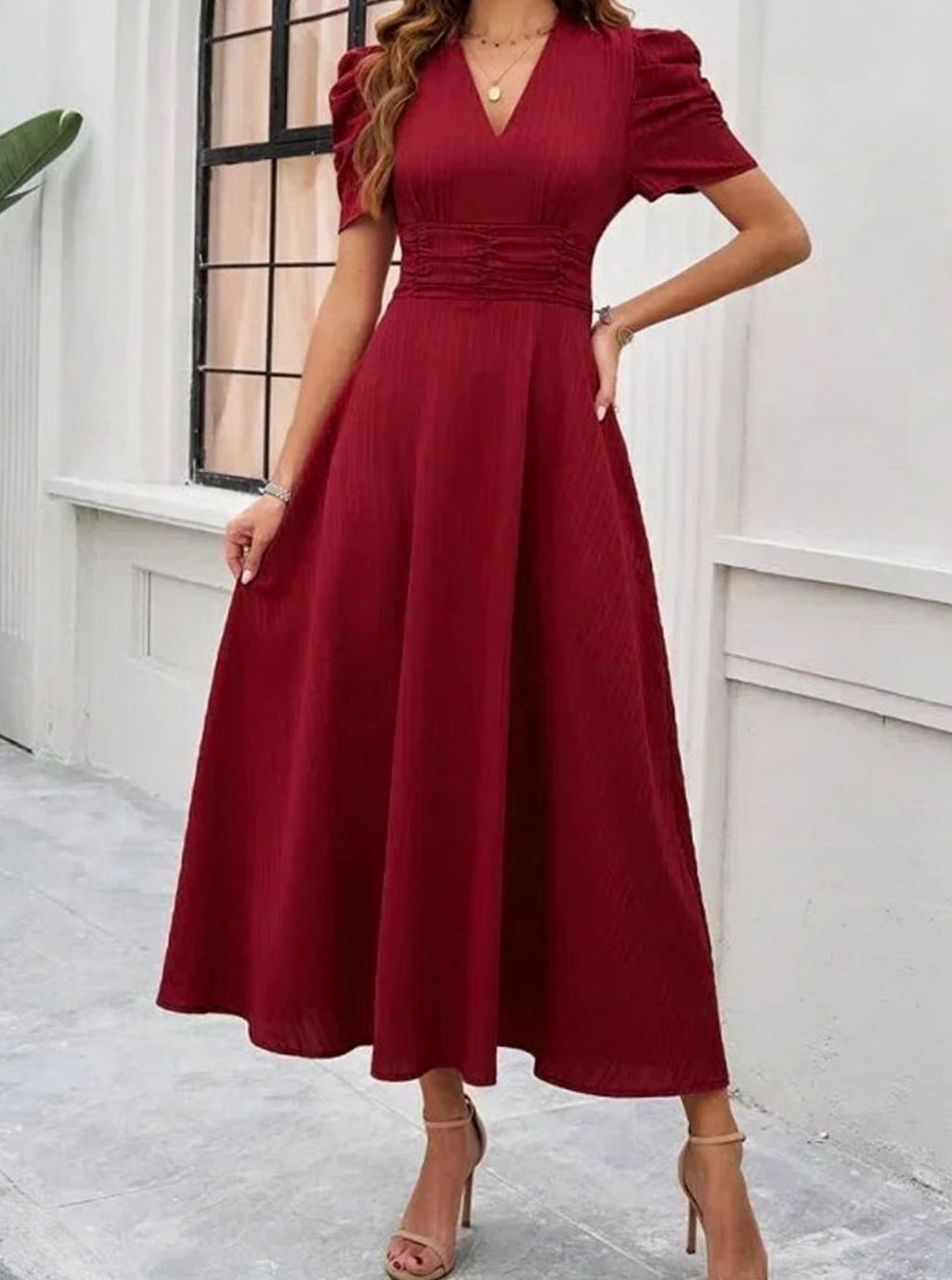 Women's A-Line V-Neck Puff Sleeve Ruched Waist Midi Dress